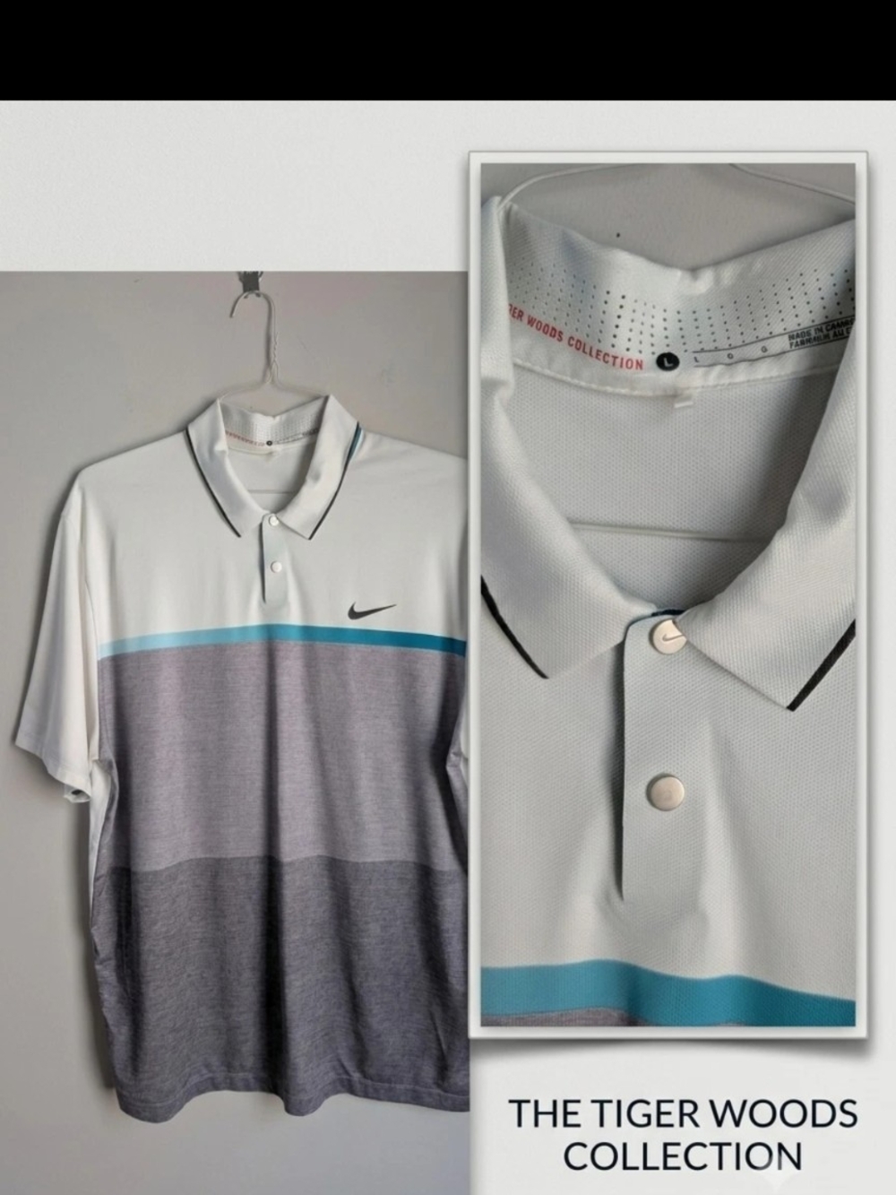 Nike Tiger Woods Collection Golf Polo Shirt Mens Large White Gray Colorblock